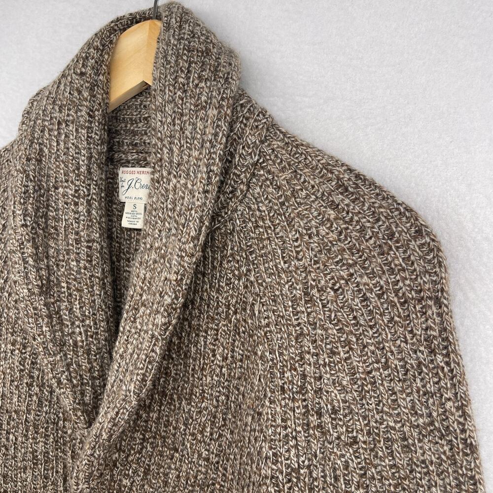 J.CREW Sweater Men S Rugged Merino Wool Blend Cardigan Ribbed Shawl Marled Brown - Picture 2 of 15